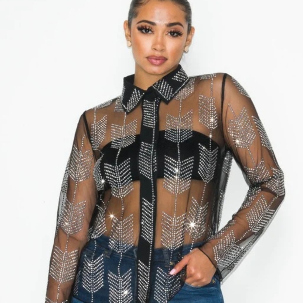 Chevron Rhinestone Mesh Top Button Down Blouse Black